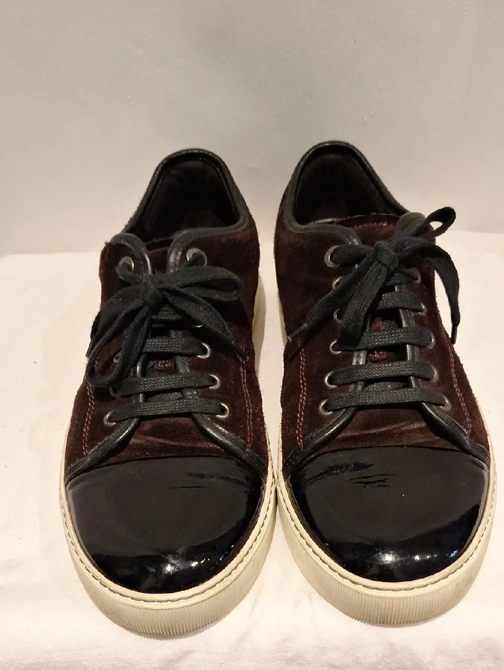 Lanvin Men's Brown Suede and Black Patent Leather Toe Cap Low-Top Sneakers